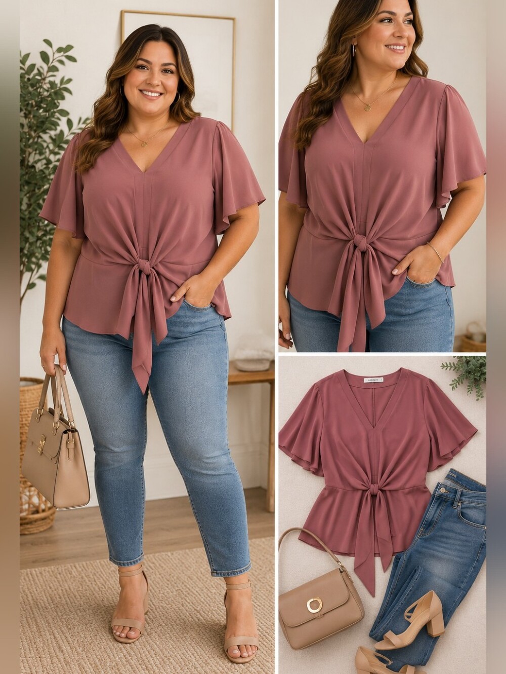 Grace Karin Dusty Rose Tie Front Peplum Blouse XL Flutter Sleeve V-Neck Top